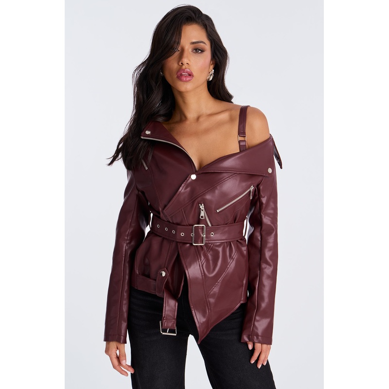 Burn Rubber Faux Leather Moto Jacket – Wine