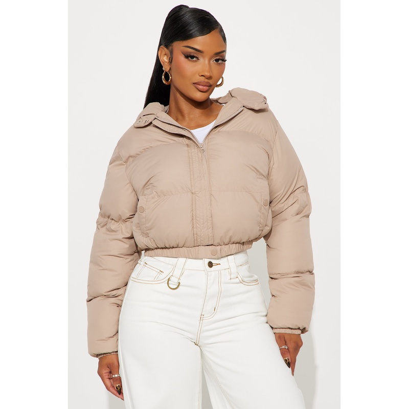 Dakota Cropped Hooded Puffer Jacket – Taupe