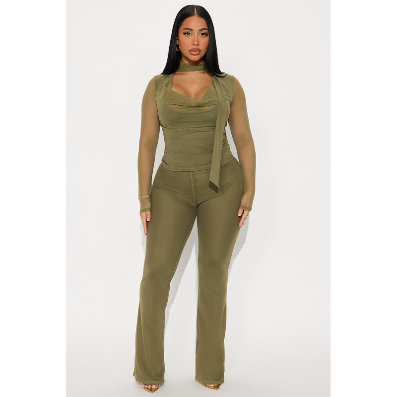 Maya Cowl Neck Scarf Top And Pant Set – Olive