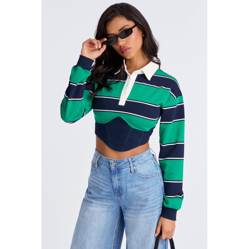 Ravenna Long Sleeve Corset Polo Top – Green/combo