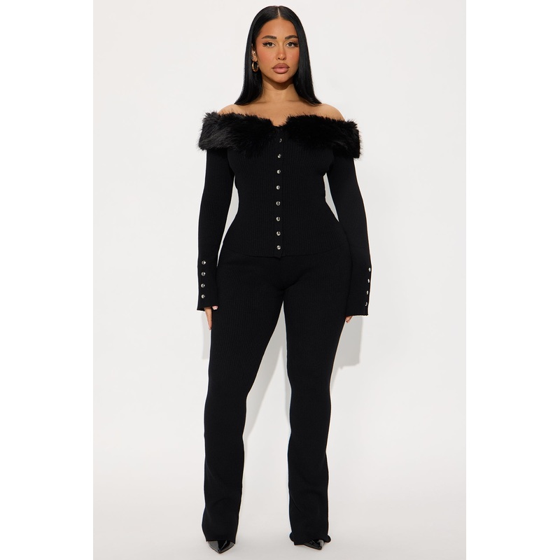 Vera Fur Trim Cardigan Flare Pant Set – Black