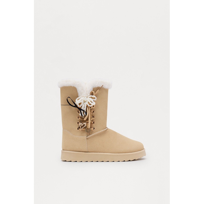 Yasmia Embellished Fur Trim Booties – Sand