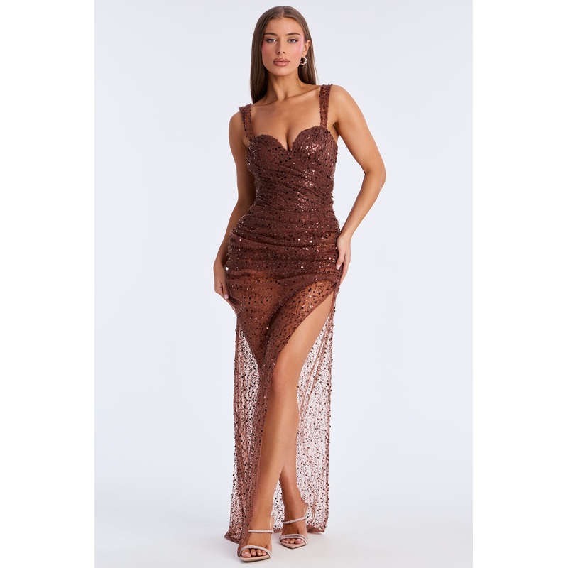 Alani Sequin Beaded Gown – Brown