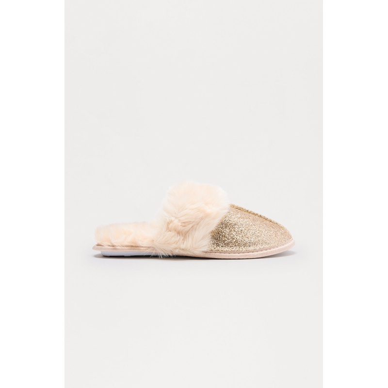 Bizzy Fur Trim Glitter Slippers – Gold