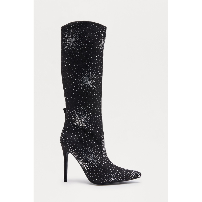 Blaze Rhinestone Stiletto Boots – Black