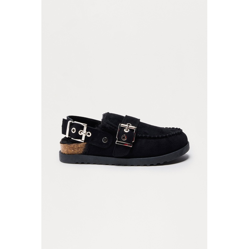 Brock Faux Fur Lined Buckle Slides – Black