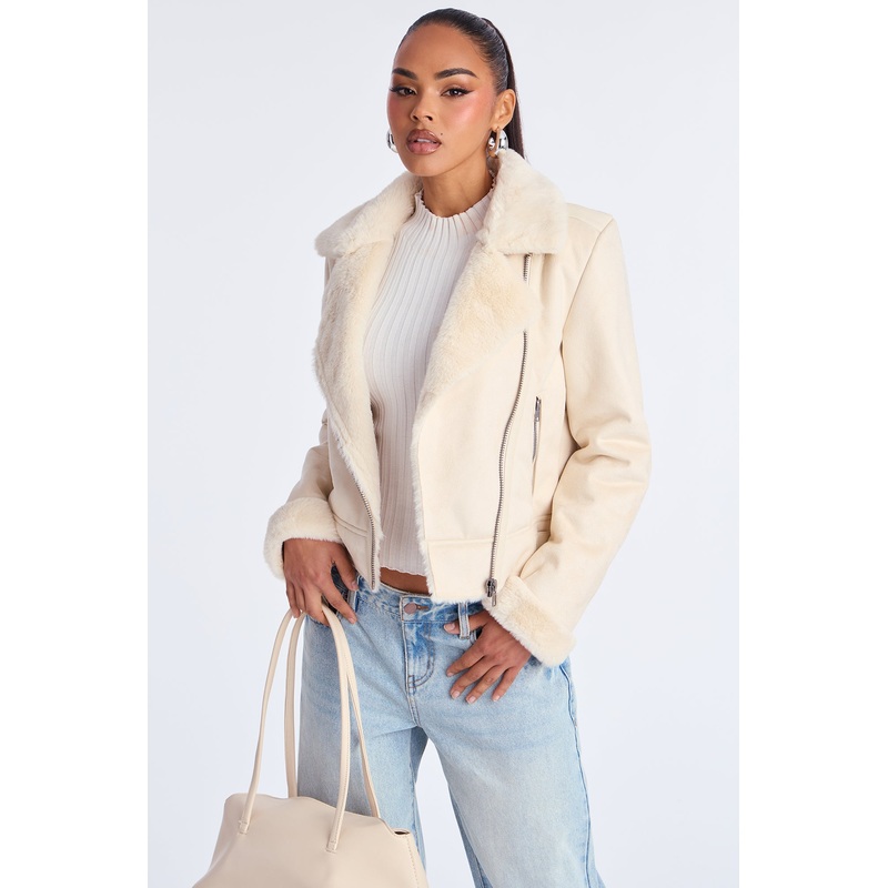 Candice Faux Suede Moto Jacket – Cream