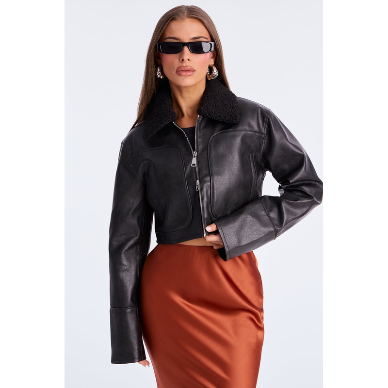 Fly High Faux Leather Cropped Jacket – Black