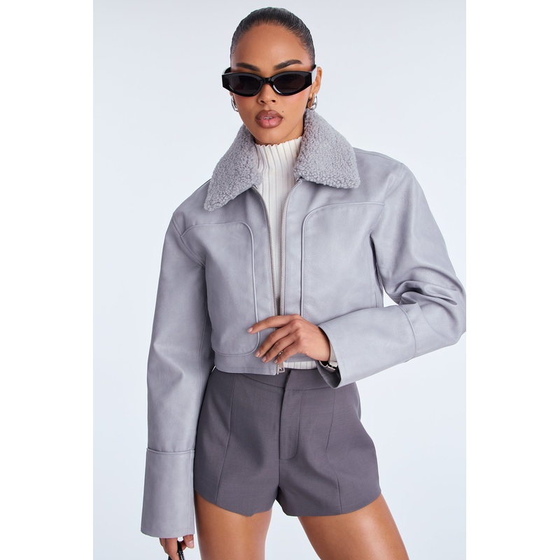 Fly High Faux Leather Cropped Jacket – Grey