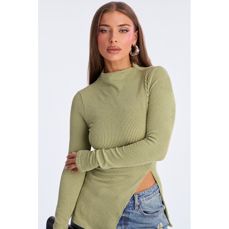 Ika Mock Neck Heavy Ribbed Top – Chartreuse