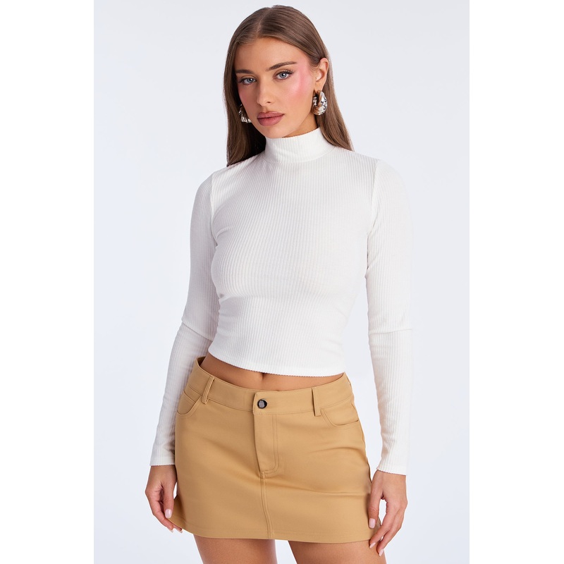 Jayla Mock Neck Ribbed Long Sleeve Top – Off White