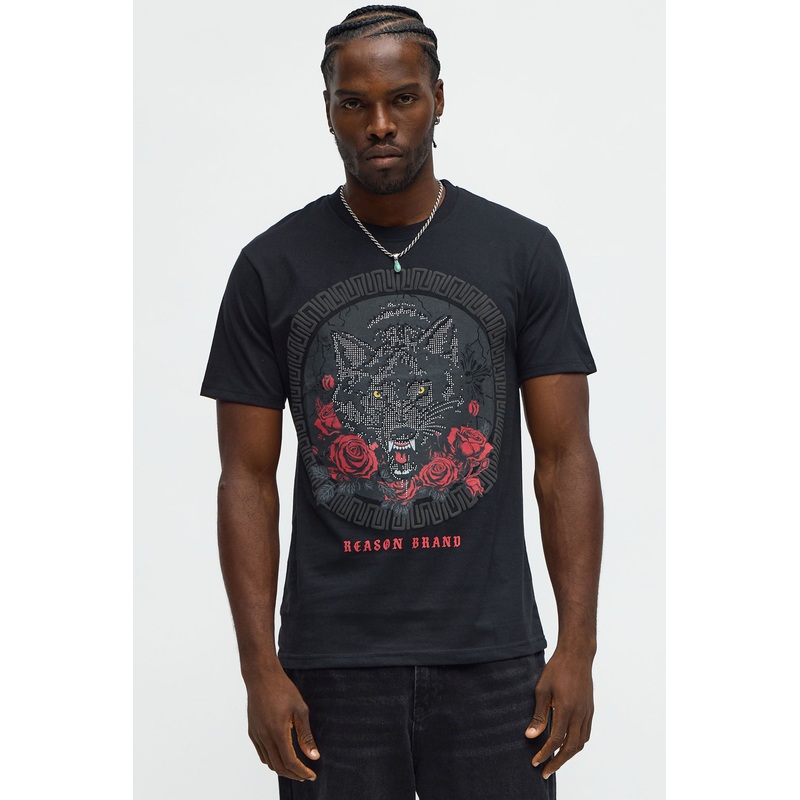 Lonewolf Rhinestone Short Sleeve Tee I – Black