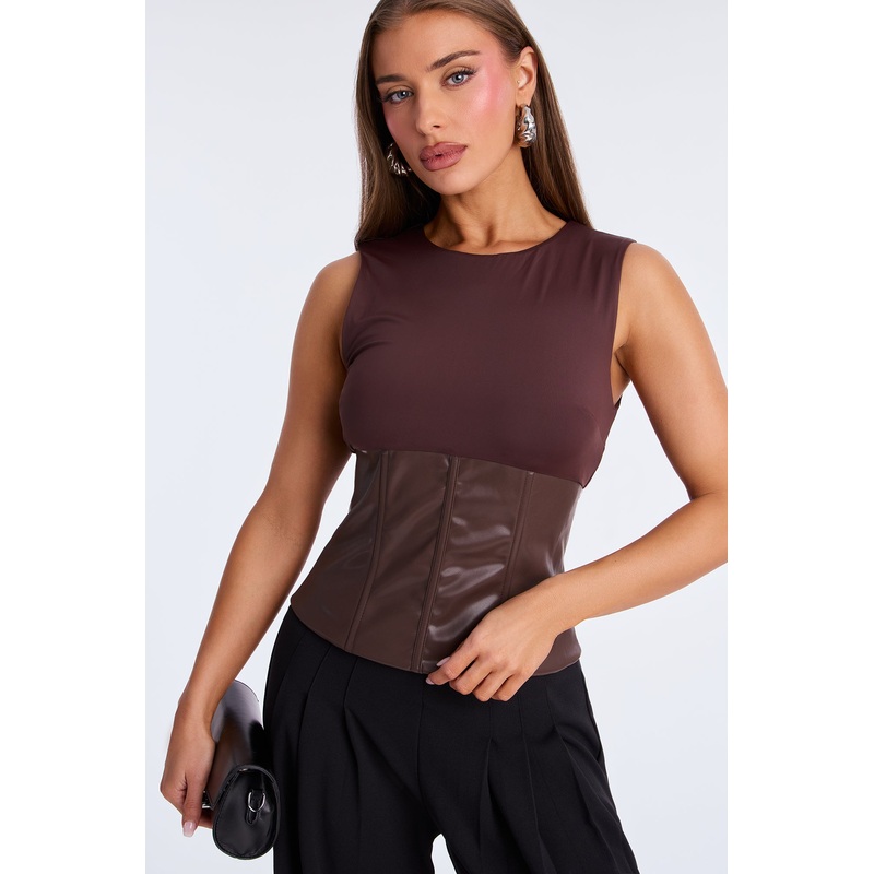 Maneater Corset Waist Sleeveless Top – Brown
