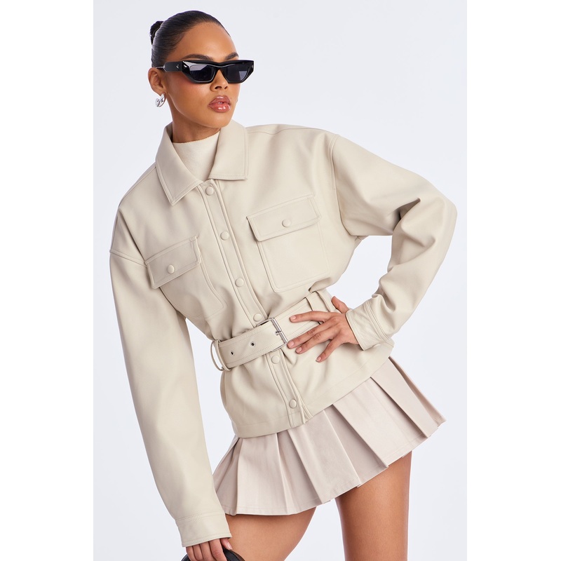 Melanie Belted Faux Leather Jacket – Stone