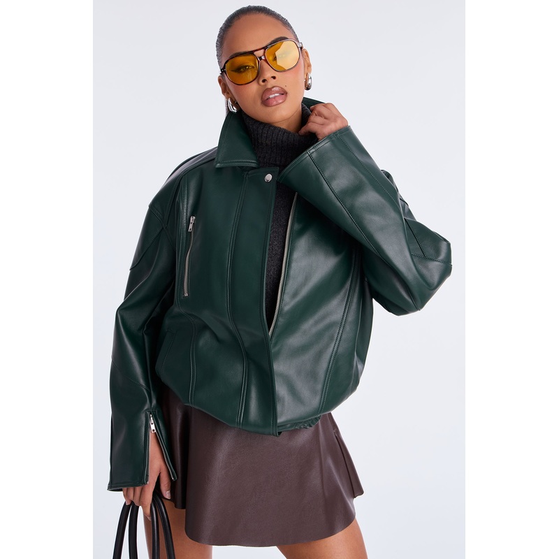 More To Come Faux Leather Bomber Jacket – Hunter