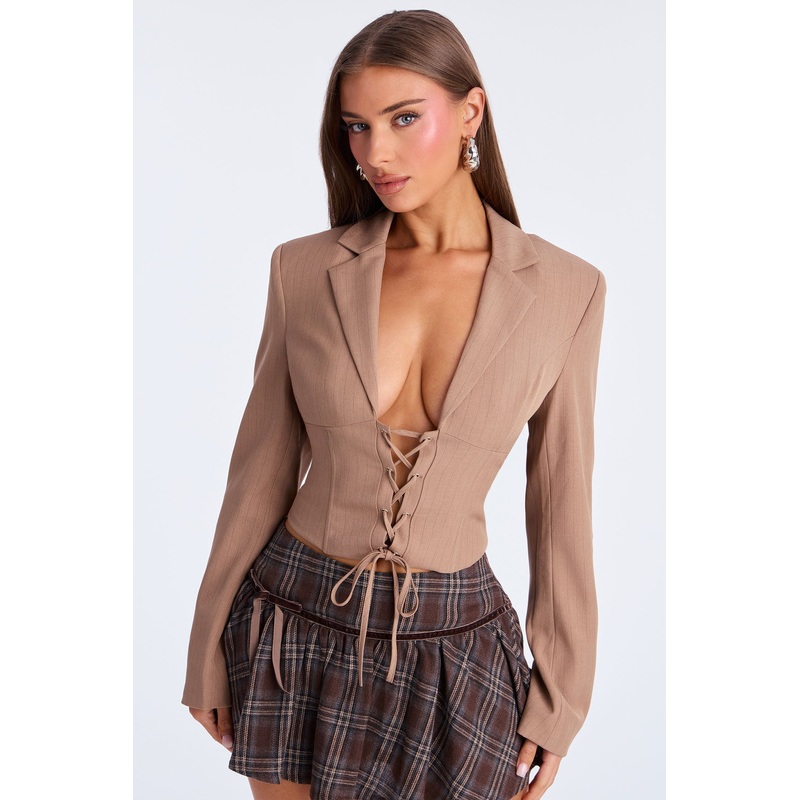 Office Behavior Pinstripe Corset Top – Mocha