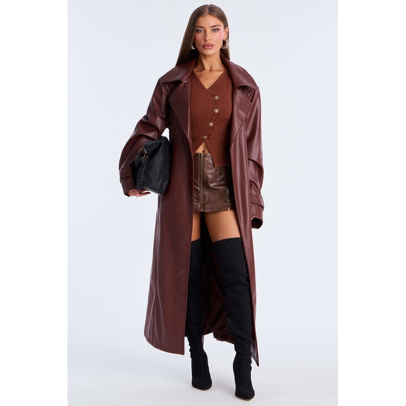 Power Moves Faux Leather Trench – Chocolate