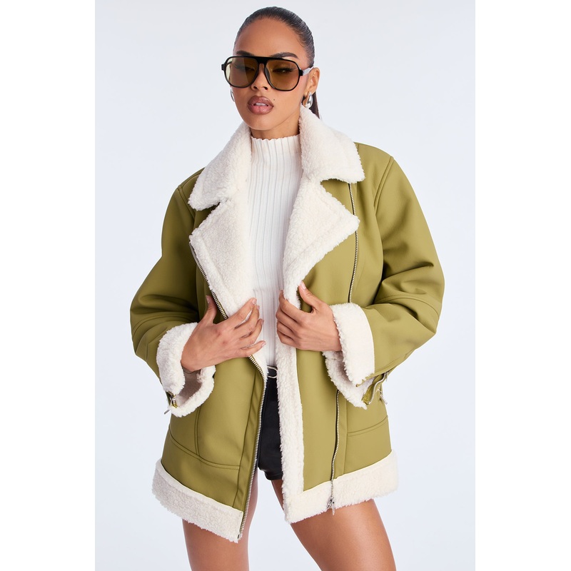 Simone Faux Leather Fur Lined Moto Jacket – Olive