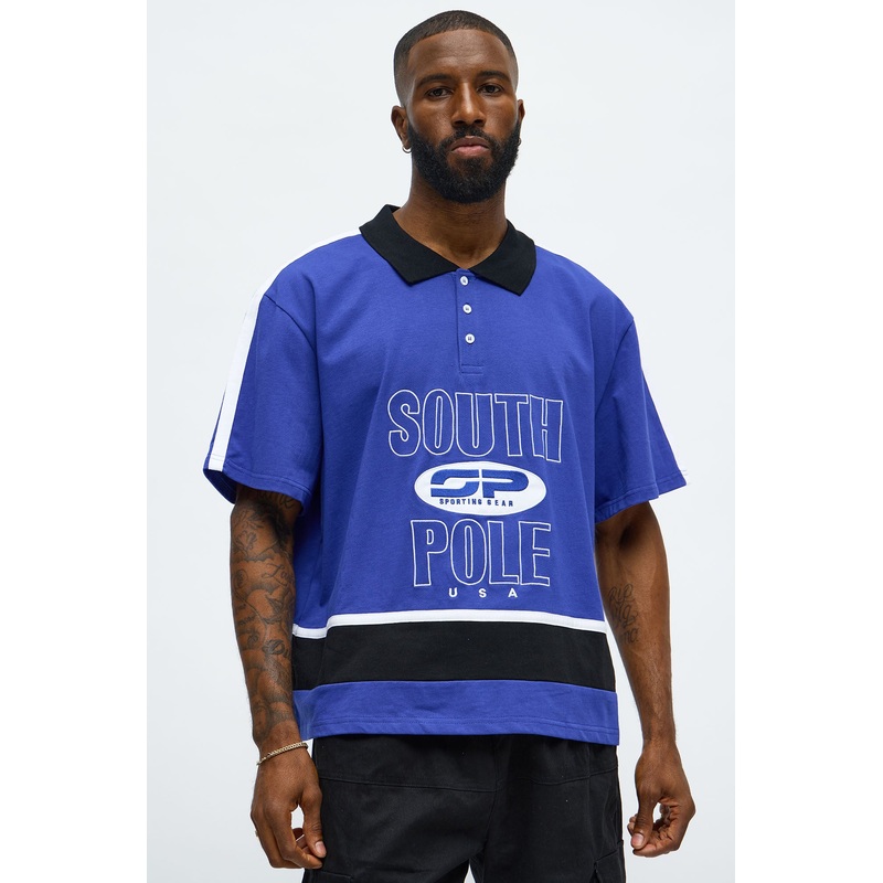 Southpole Relaxed Fit Collared Graphic Shirt – Blue