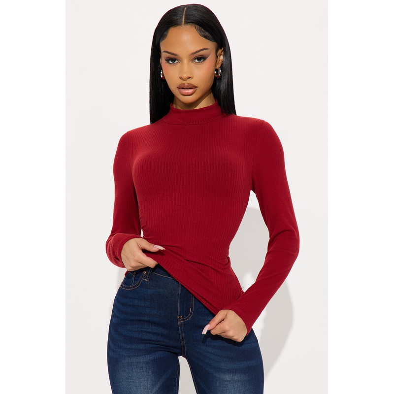 Sydney Mock Neck Ribbed Long Sleeve Top – DarkRed