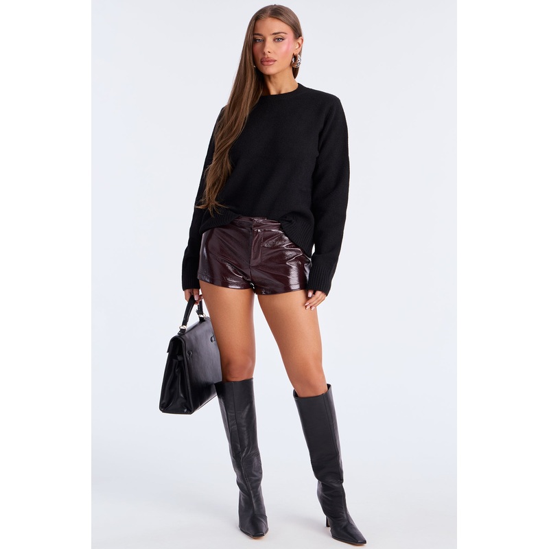 Up To No Good Faux Patent Leather Micro Short – Chocolate