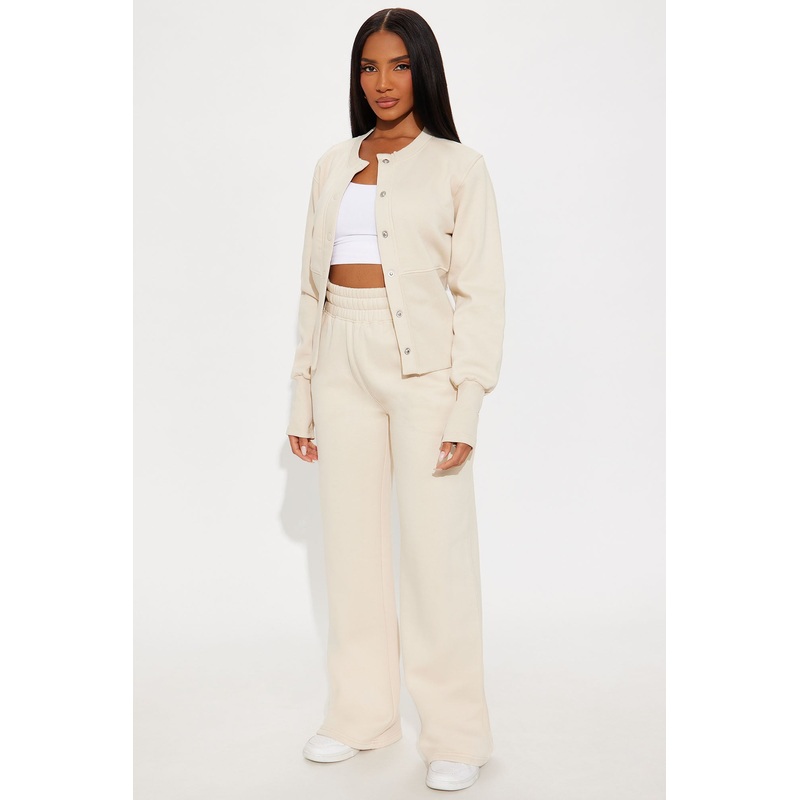 Varsity Girly Fleece Wide Leg Pant Set – Taupe