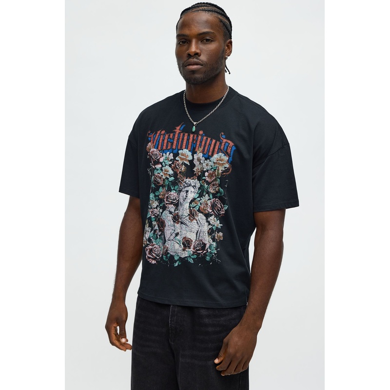 Victorious Flowers Oversized Short Sleeve Tee – Black