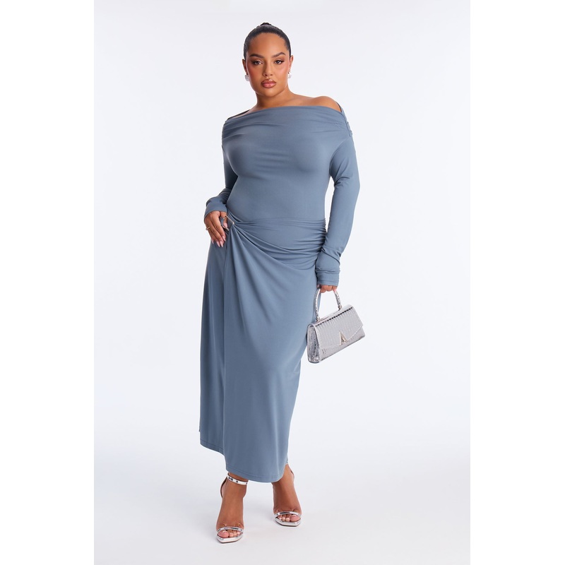 Aria Off Shoulder Draped Midi Dress – Slate Blue