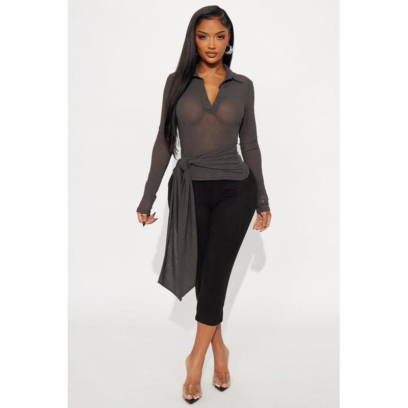 Gail Long Sleeve Collard Top – Charcoal