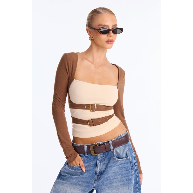 Myfi Long Sleeve Square Neck Top – Brown/combo