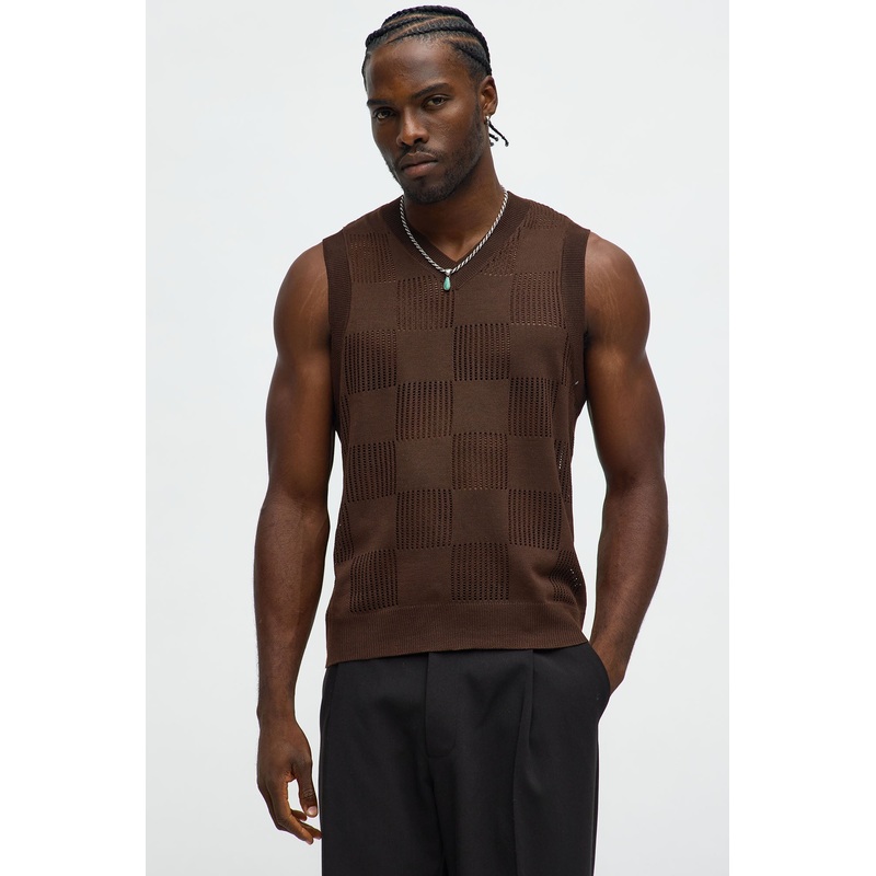 Textured Tiles V-Neck Vest – Brown