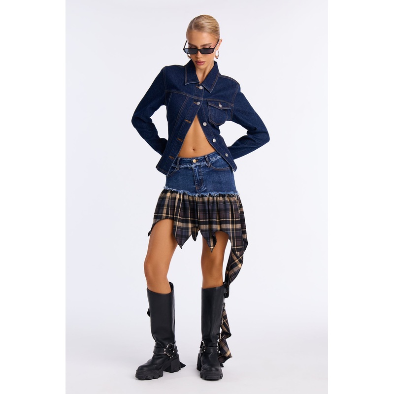 Bad In Plaid Denim Mini Skirt – Dark Wash