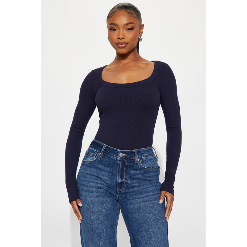 Bella Basic Scoop Neck Ribbed Top – Navy