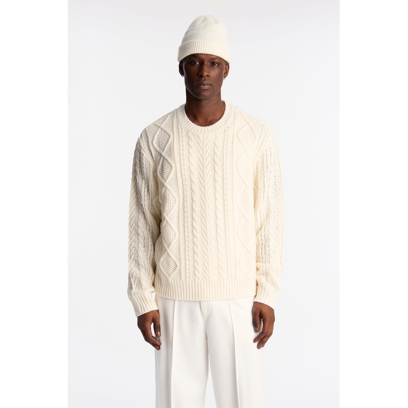 Cropped Fella’s Night Cable Knit Crewneck Sweater – Cream