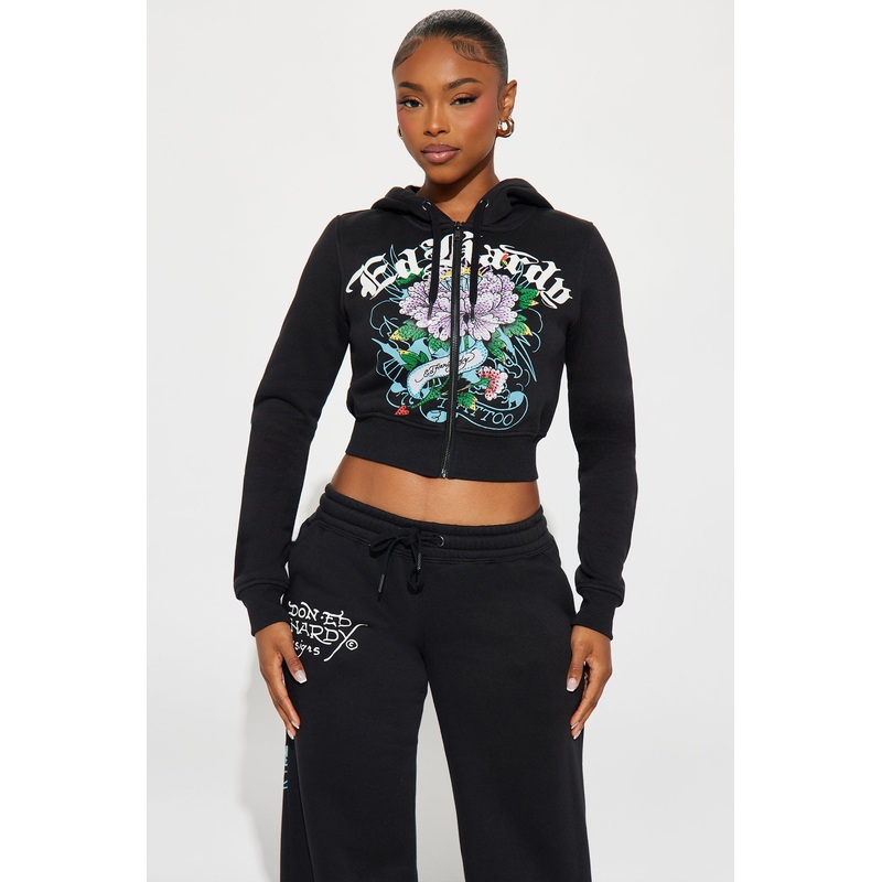 Ed Hardy Rhinestone Ice Fleece Zip Up Hoodie – Black