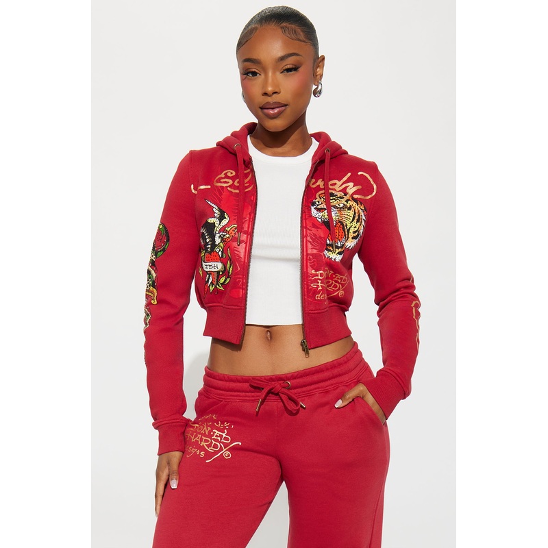 Ed Hardy Rhinestone Tiger Fleece Zip Up Hoodie – Red