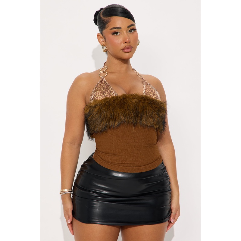 Haute Seduction Fur Trim Halter Top – Brown/combo