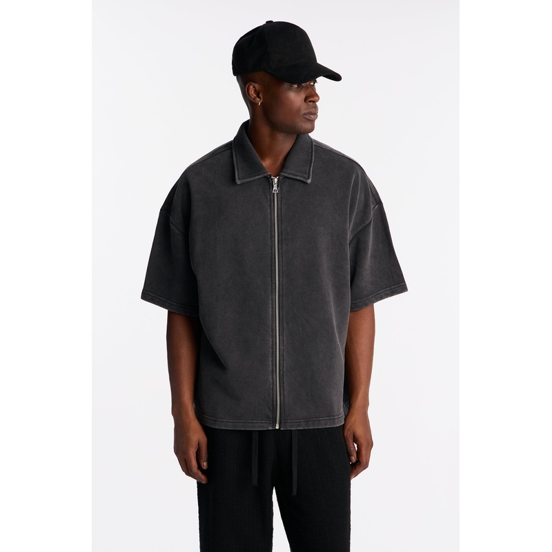 Heavy Wash Oversized Full Zip Polo – Black
