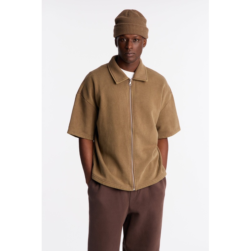 Heavy Wash Oversized Full Zip Polo – Brown