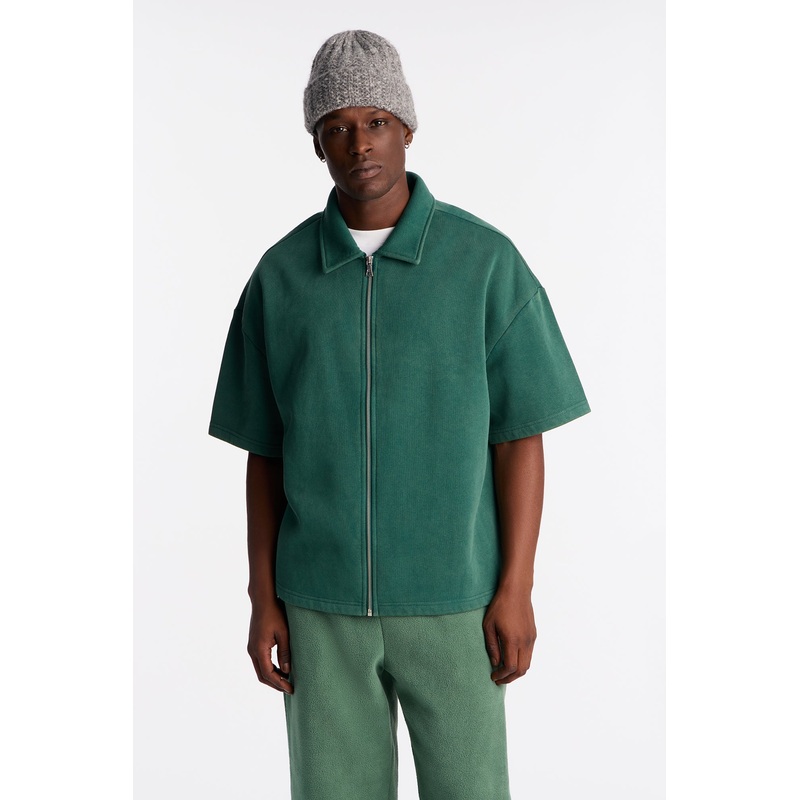 Heavy Wash Oversized Full Zip Polo – Green