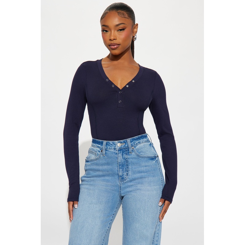 Mina Henley Long Sleeve Top – Navy