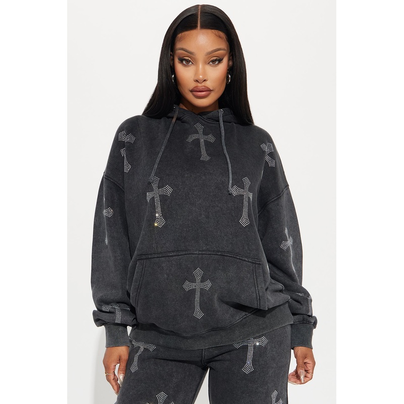 Sunday Rhinestone Washed Hoodie – Black Wash