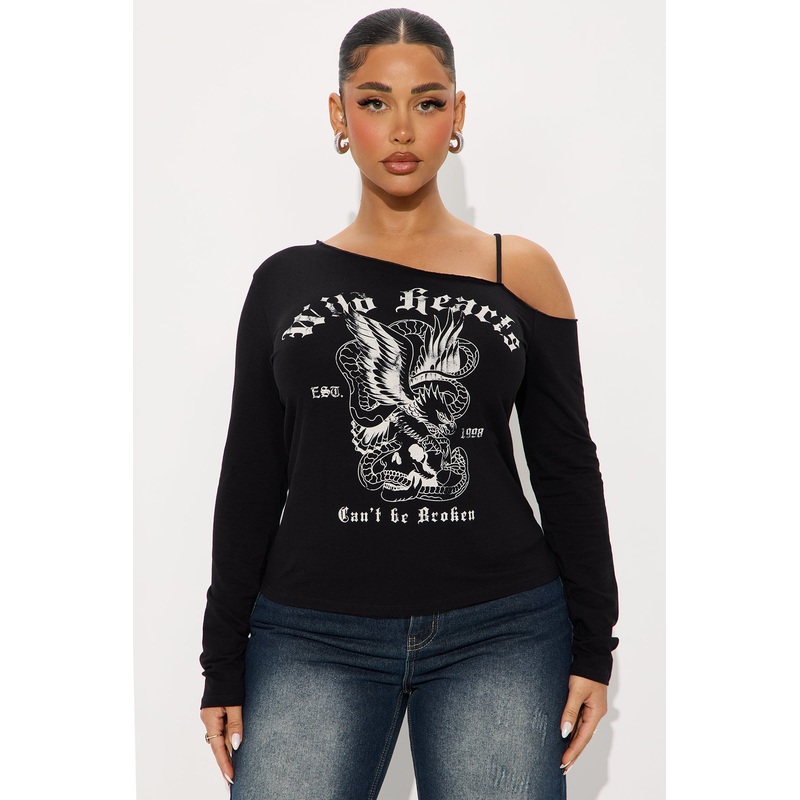 Wild Hearts Can’t Be Broken Off Shoulder Long Sleeve Top – Black