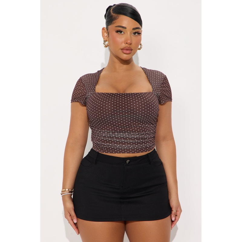 Emmaline Polka Dot Short Sleeve Mesh Top – Brown/combo