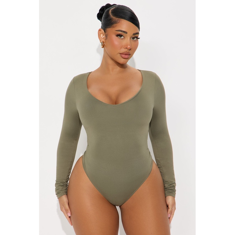 Josie Double Lined V Neck Long Sleeve Bodysuit – Military Green