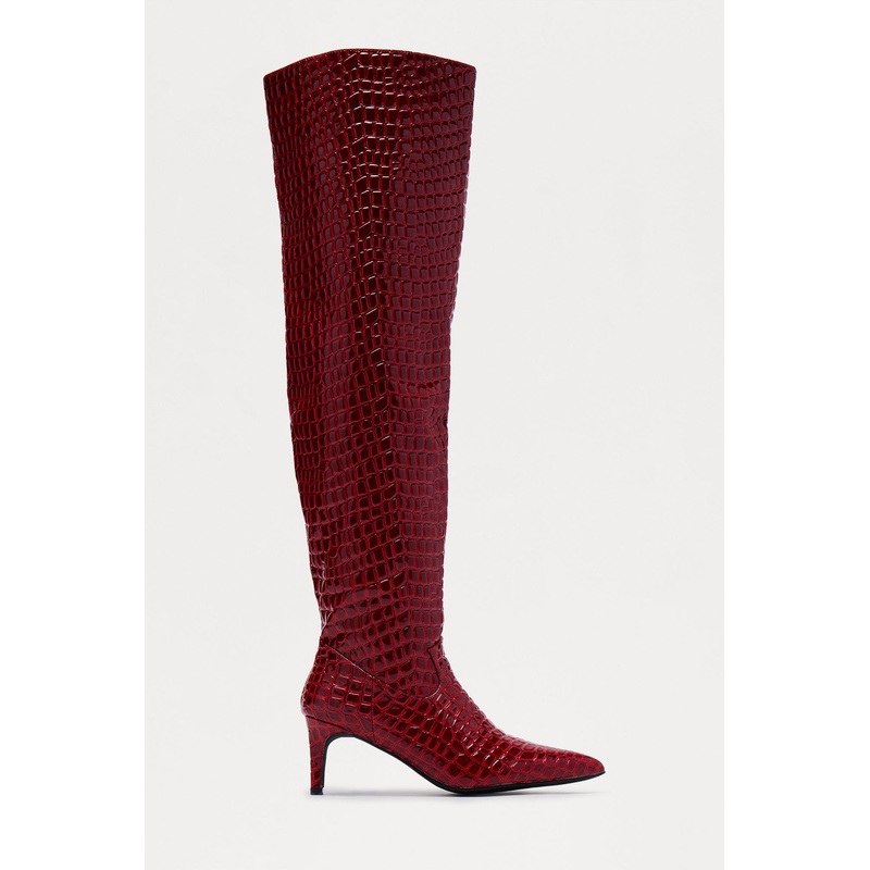 Snappy Croc Thigh High Boots – Burgundy