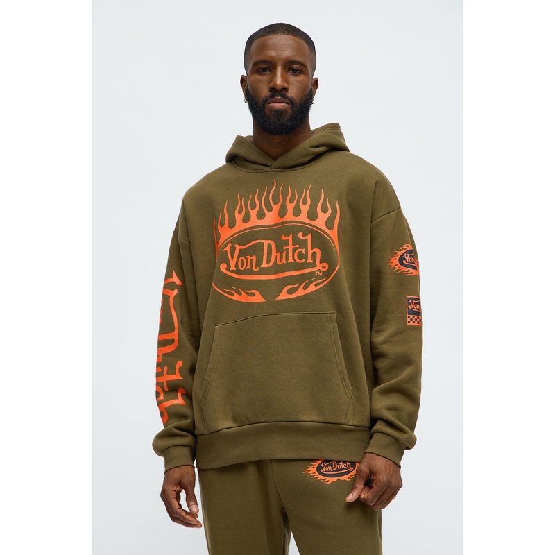 Von Dutch Fire Logo Oversized Hoodie – Olive