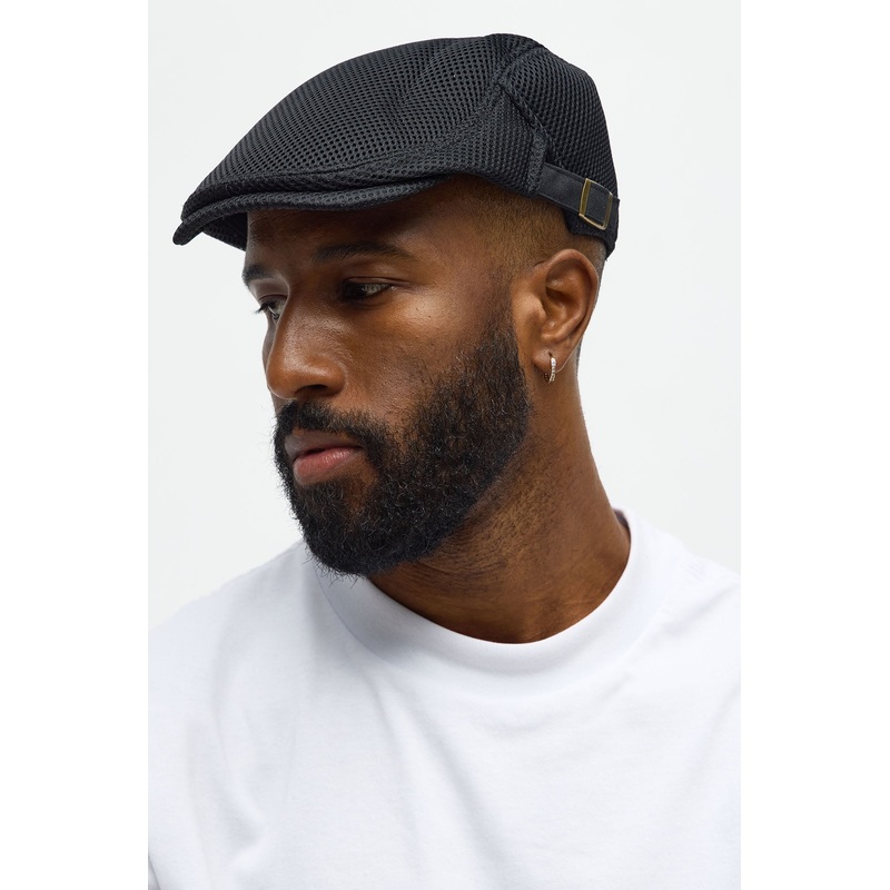 Adjustable Mesh Flat Cap – Black