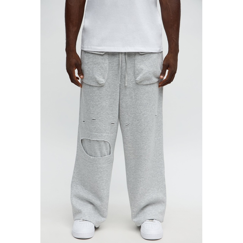 Baggy Snap Pocket Distressed Sweatpants – Heather Grey