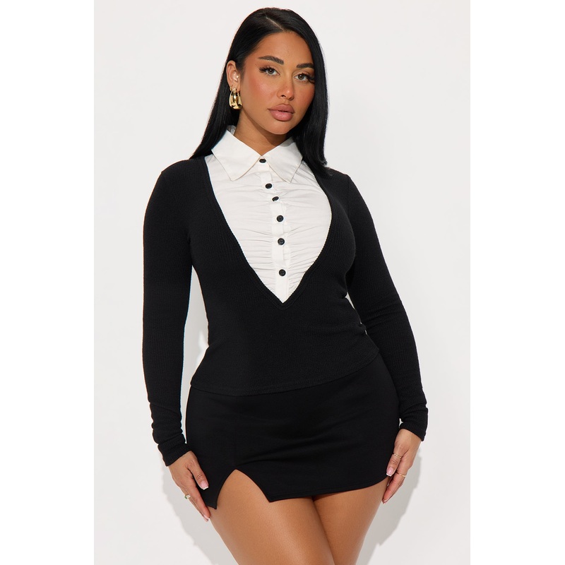 Cass Long Sleeve Button Up Ribbed Top – Black/White